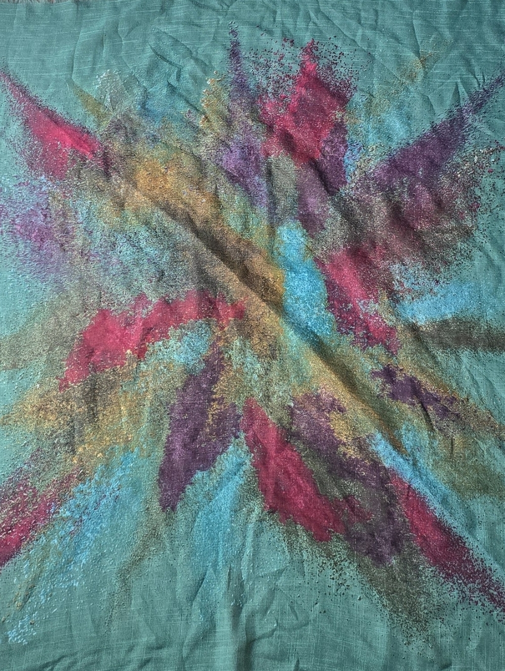 Polo Craft Oversized Abstract Fringe Scarf Wrap Aqua Pink Purple Starburst 38x39